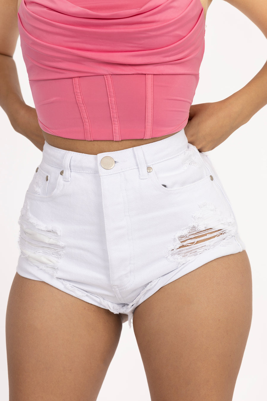 High-Rise White Distressed Shorts